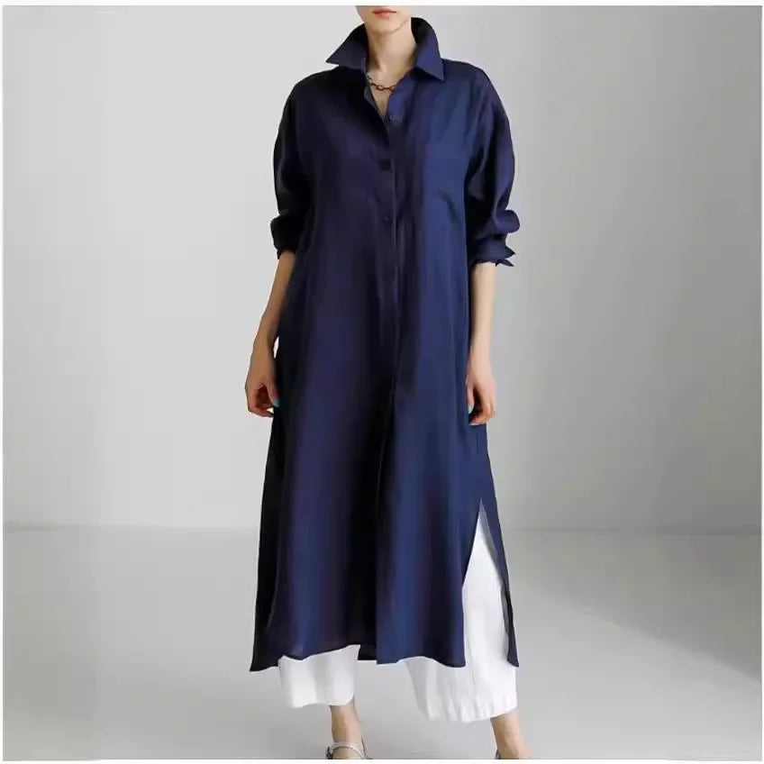 Summer Fashion New Women's Cotton Linen Dress Shirt Elegant Loose Irregular Cardigan Single Breasted Fashion Long Sleeved Dress - Seprincess