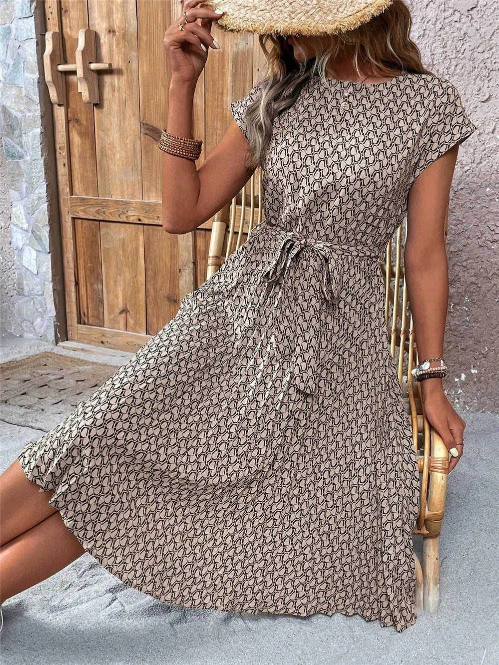 Elegant Print Lace-up Dress Summer Women Round Neck Pleated Medium Long Dress - Seprincess