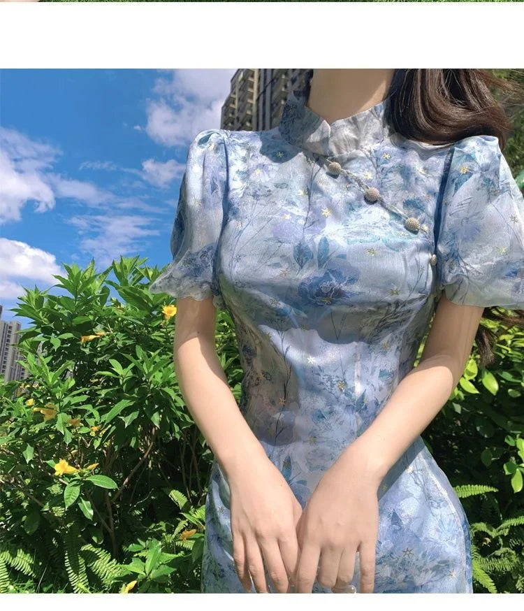 Summer French Short Sleeve Modern Chinese Dress Improvement Cheongsam Girl's Blue Print Fashion Dresses Qipao - Seprincess