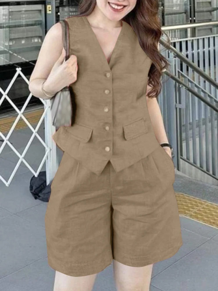 ZANZEA Women Casual 2pcs Outfits Commute Korean Style 2024 Summer Sleeveless Vests Short Sets Elastic Waist Shorts Office Suits - Seprincess