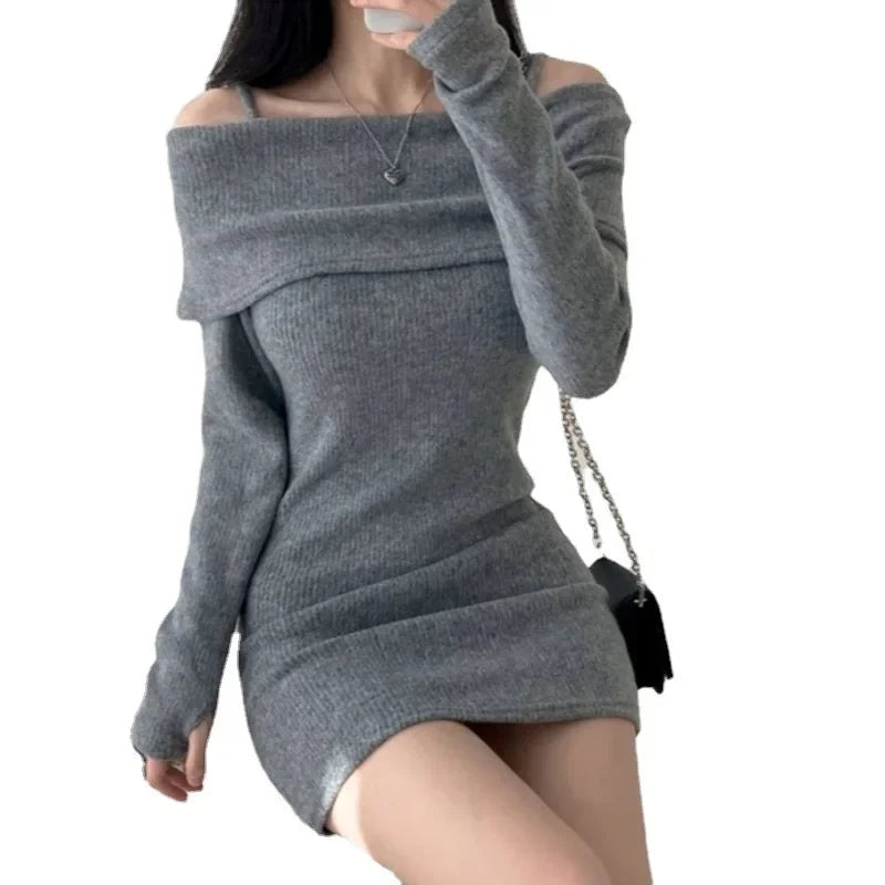 Off Shoulder Suspender Lapel Knit Dress Women Korean Sexy Slim Bottomed Mini Dresses Autumn Winter Solid Suspender Sweater Dress - Seprincess