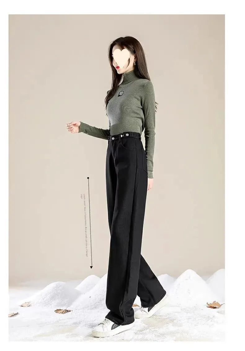 Thickened Fleece-Lined Warm Straight-Leg Jeans Design Adjustable High-Waisted Slimming Bell Bottoms Winter New Arrival