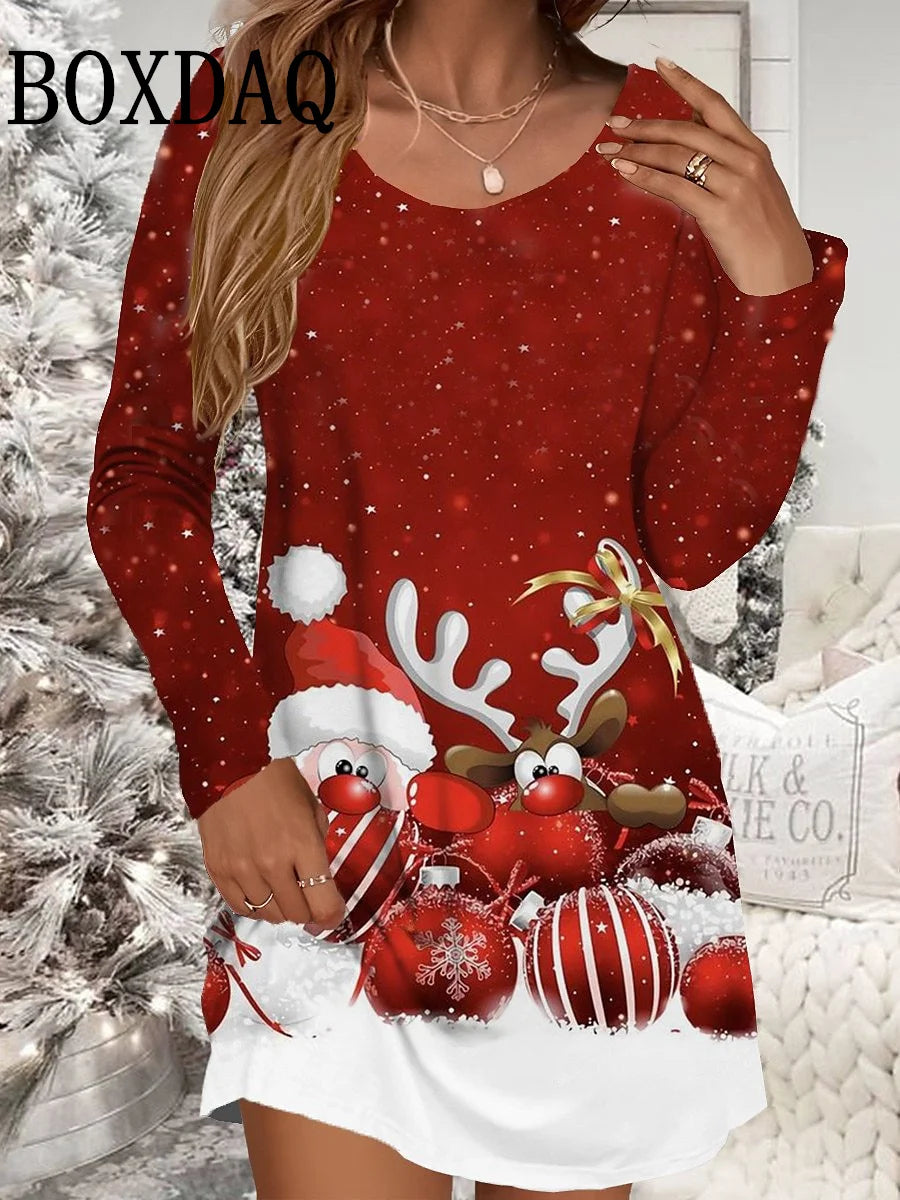 Autumn Winter Women Dresses Christmas Snowflake Print Dress Casual Party Clothing Long Sleeve Women's Loose A-Line Mini Dresses - Seprincess