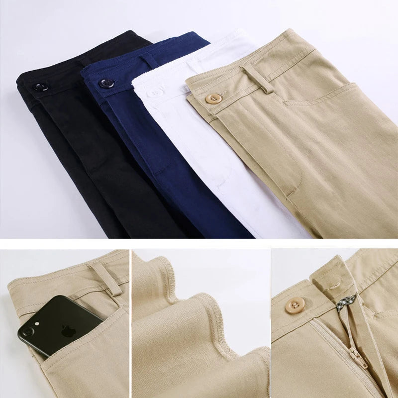 Women Straight-leg Pants 100% Cotton White Black Khaki Blue Stretch Slimming Fit Casual Plus Size S To 4XL Pencil Feet Trousers