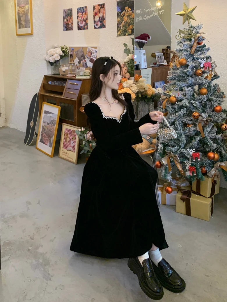 Vintage Evening Party Velvet Dresses for Woman Elegant Fashion Wedding Birthday Prom Long Sleeves Female Clothing Black Robe - Seprincess