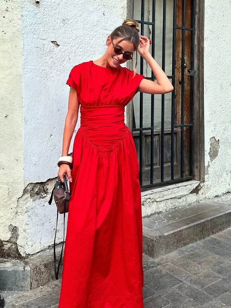 Women Red Irregular Pleated Wrap Waisted Maxi Dress Elegant O Neck Sleeveless Slim Long Dresses Chic Lady Party Street Robes - Seprincess