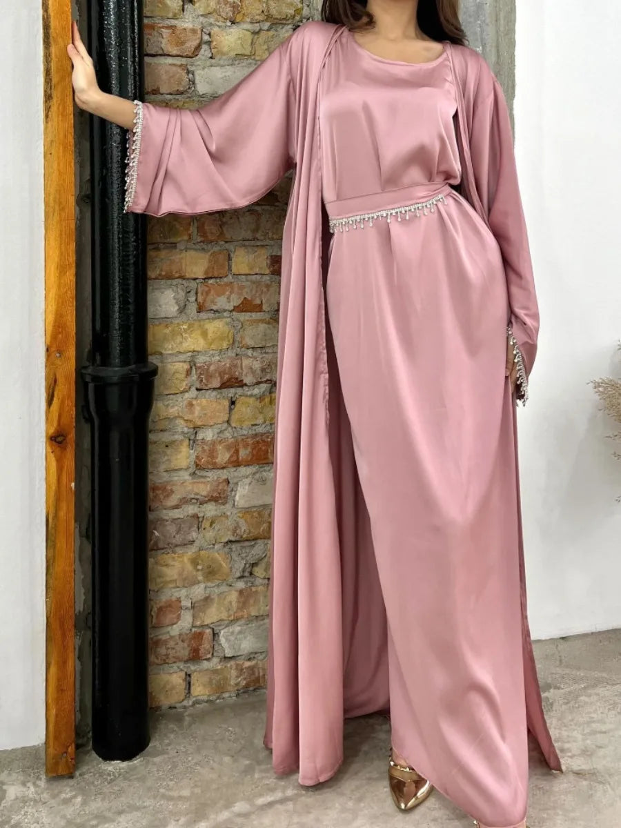 Eid Silky Satin Party Abayas Set 2 Piece Ramadan Women with 2 Diamond Chains Cardigan Robe Islamic Abaya 2024 - Seprincess