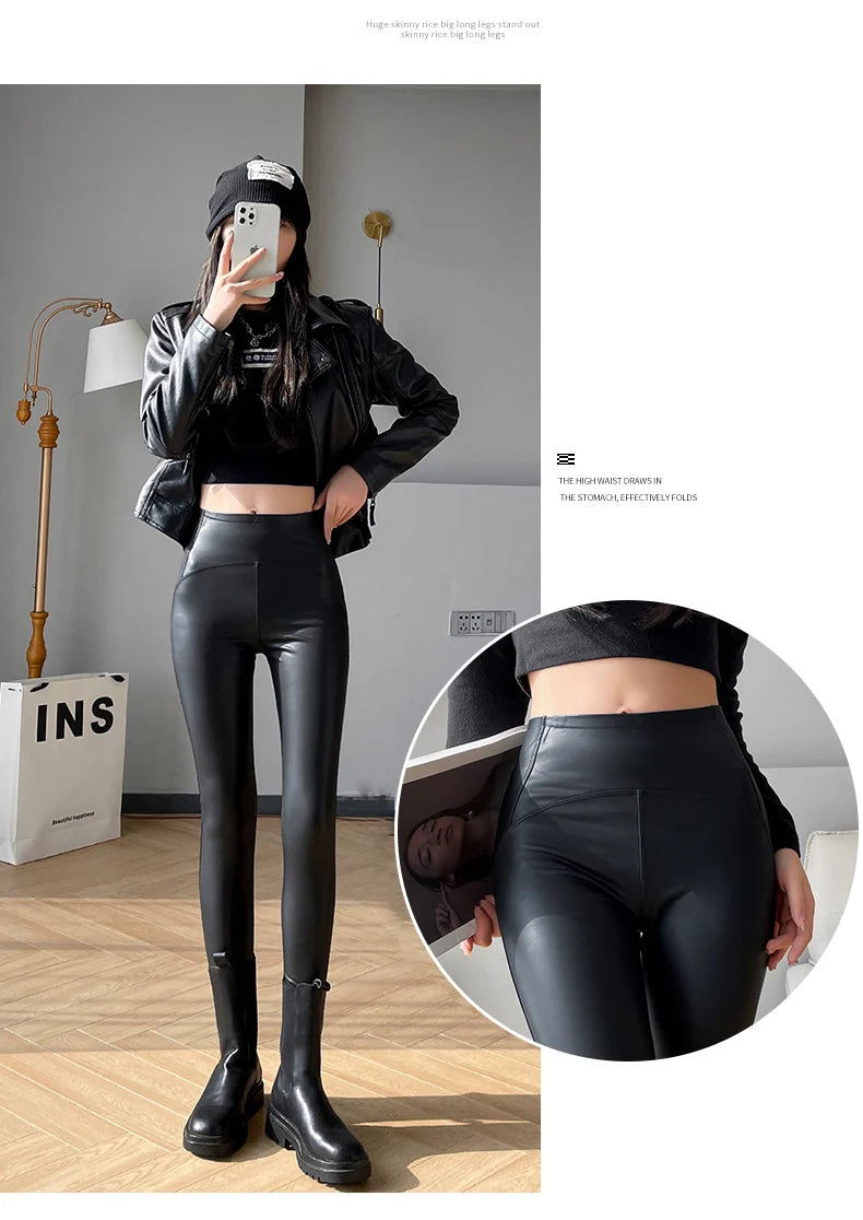 Autumn Winter Women Fleece Matte Leather Leggings High Quality Sheepskin High Waist Elastic PU Leather Pants Slim Sexy Leggings