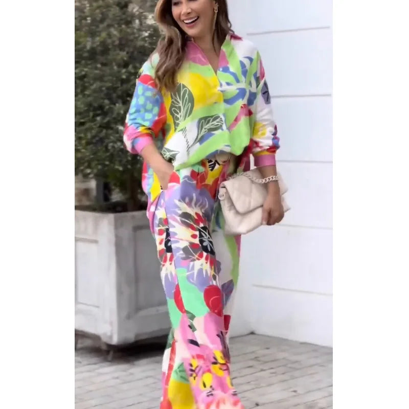 Fashion Color Print Two Piece Set Women Trendy Loose Long Sleeve Shirts Wide Legs Trousers 2 Piece Set Female  Commuting Suits - Seprincess