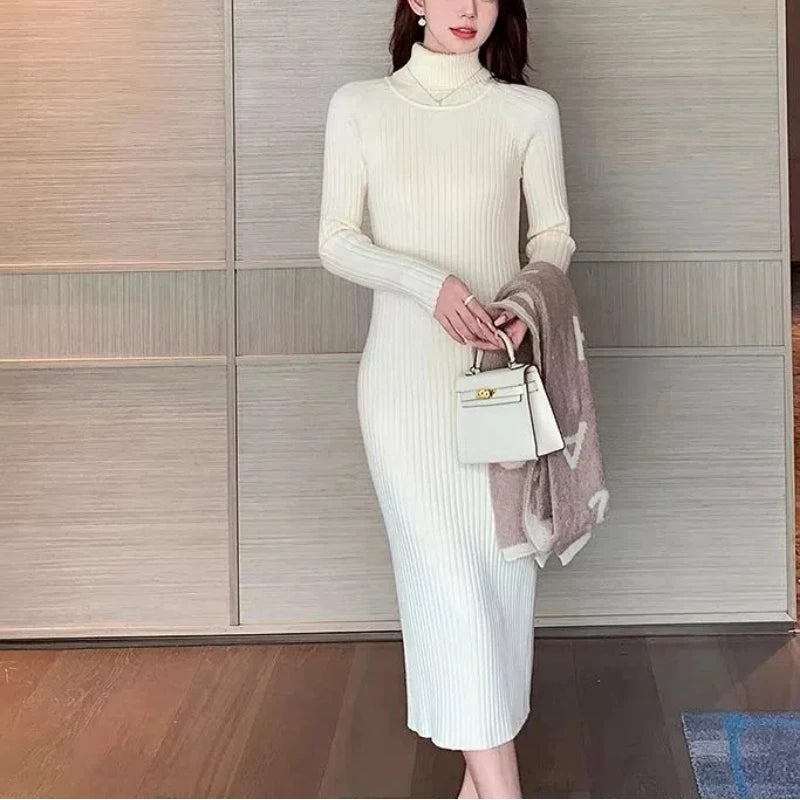 Autumn Winter New Fashion Turtleneck Long Sleeve Solid Women's Clothing Korean Knitting Slim Temperament Trend Sweet Chic Dresse - Seprincess