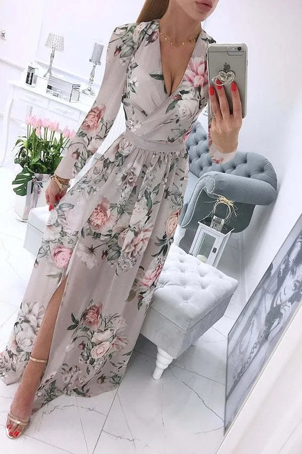 Amazon eBay Cross border 2024 Summer Chiffon Printed Long Dress V-neck Dress Long Sleeve Split Dress Women - Seprincess