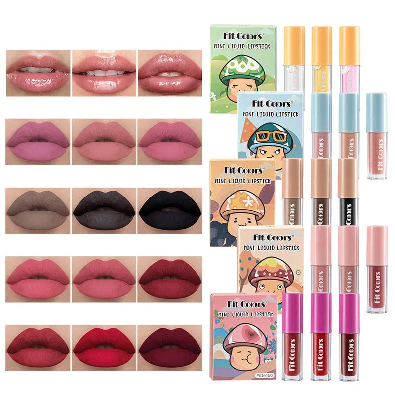 Cute Lipstick Set 3pcs/set Velvet Matte Waterproof Red Nude Black Lip Stick Tint Makeup Mini Lip Gloss Kit Plumping Lip Oil Set - Seprincess