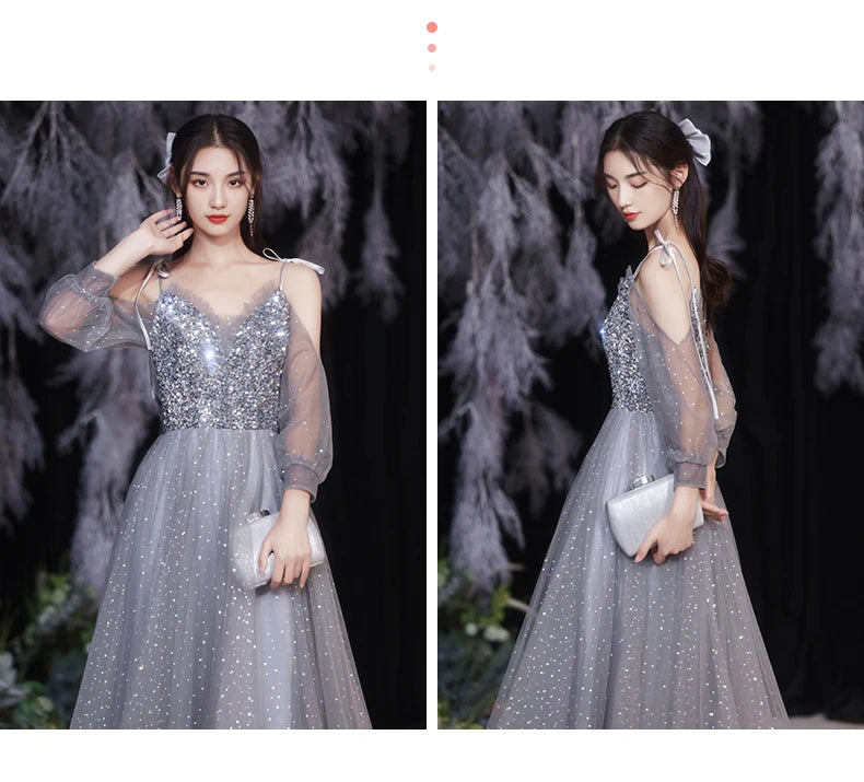 Grey Bridesmaid Evening Dress Women Off Shoulder Sequins Wedding Party Vestidos Fairy Temperament Sisters Group Gown Summer