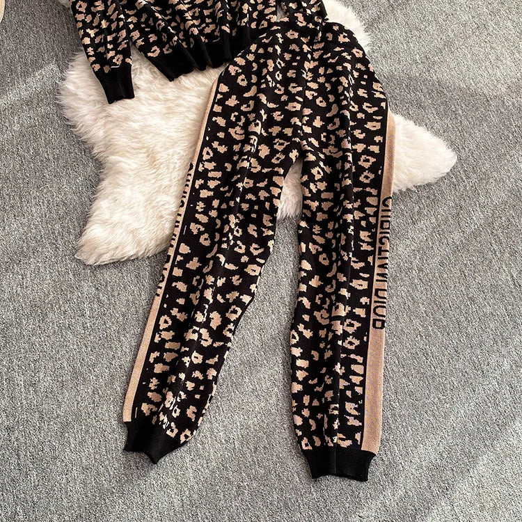 Chic Fashion Korean 2PC Suits Ladies O-Neck leopard-print Knitting Cardigan+High Waist Wide Legs Pants Basic Casual Sets