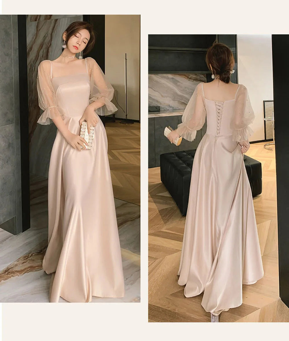 4 Styles Satin Solid Bridesmaid Dress Women Elegant Floor Length Slim Fit Spliced Tulle Puff Sleeve Wedding Party Guest Vestido - Seprincess