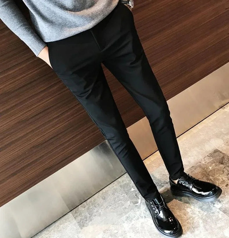 Elastic Business Tressed Male Suit Trousers 9 Cropped Fluid Stretch Social Tailoring Men's Summer Pants Draped Slim Fit Fabric