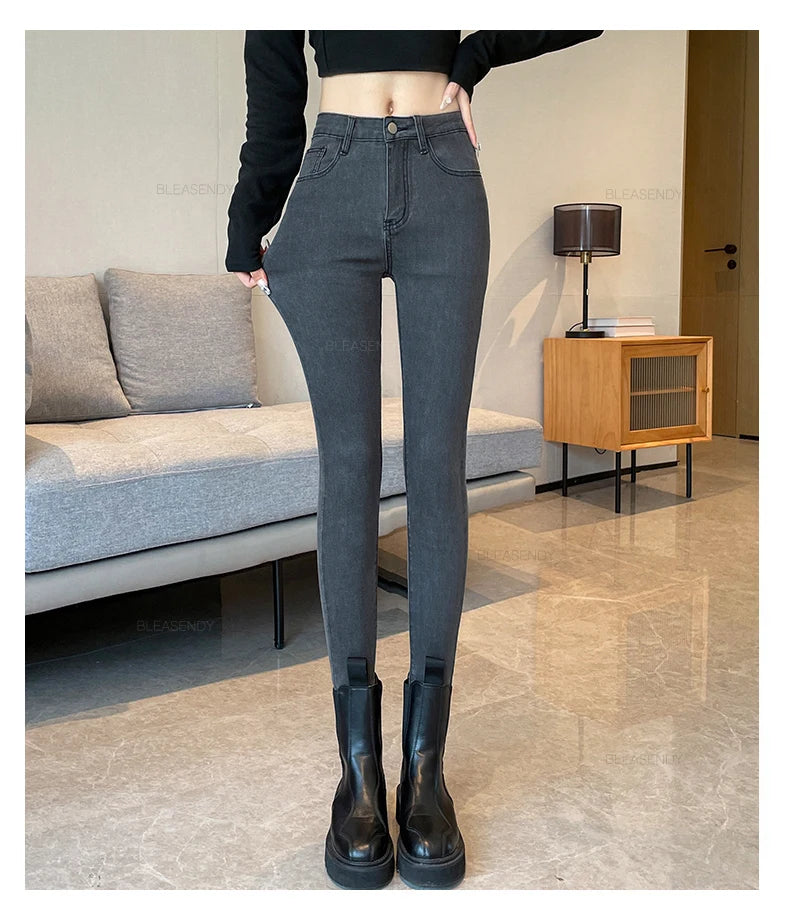 Skinny Jeans Women's Elastic High Waist Slim Fashion Korean Pencil Pants Spring New Leggings Black Gray Light Blue