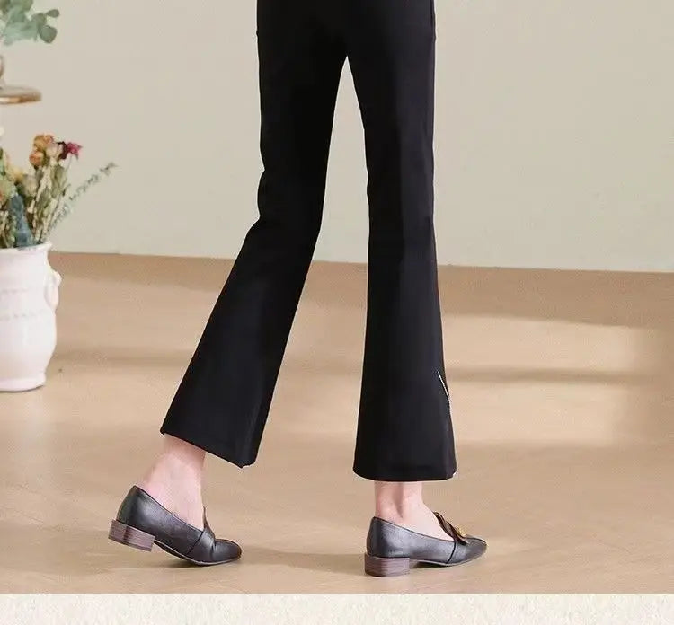 Women Korean Fashion Elegant Chic Flare Pants Autumn Winter Female Black High Waist Plush Thick Trousers Slim Pockets Pantalones