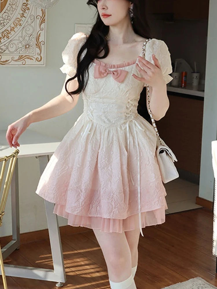 Bubble Sleeve Kawaii Lolita Mini Dress Women Pink Bow Princess Sweet Party Cute Dress A-Line Elegant Fairy Dress 2024 Spring New - Seprincess