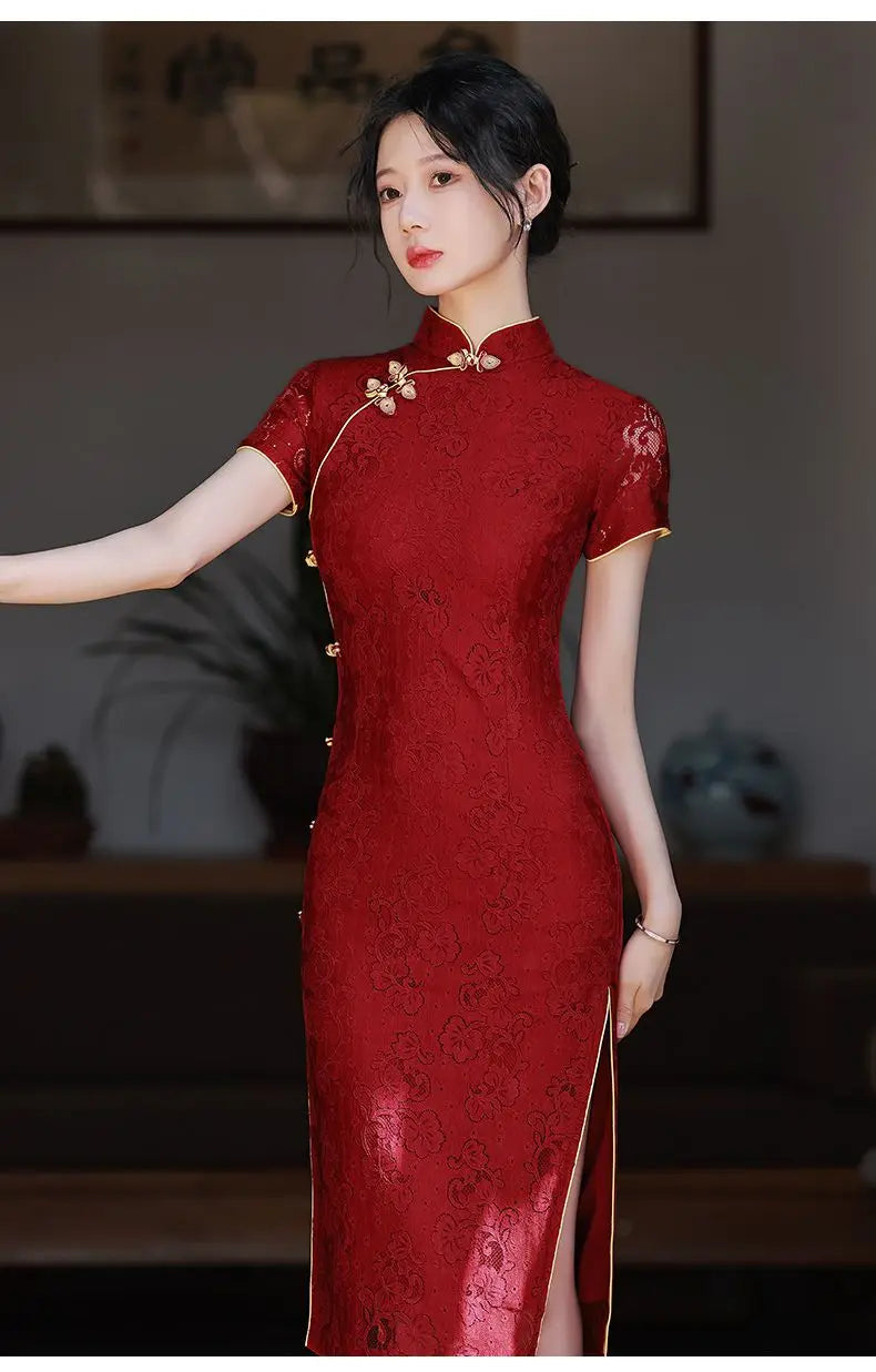 New Arrival Cheongsam Dress Red Jacquard with Improved Design Perfect for Wedding Bridal Party Banquet Dinner - Seprincess