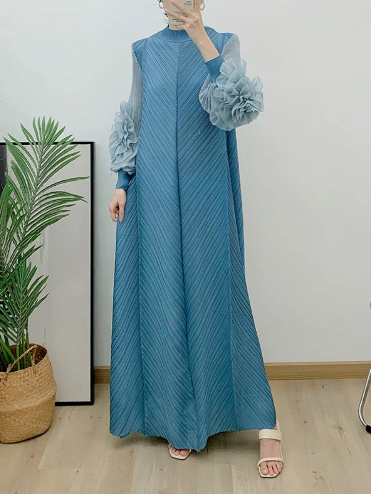 ANLAN Miyake Pleated Maxi Long Dress Mesh Petal Sleeve Half Turtleneck Formal Dresses for Women 2024 New Hot Sales 6KK9927 - Seprincess