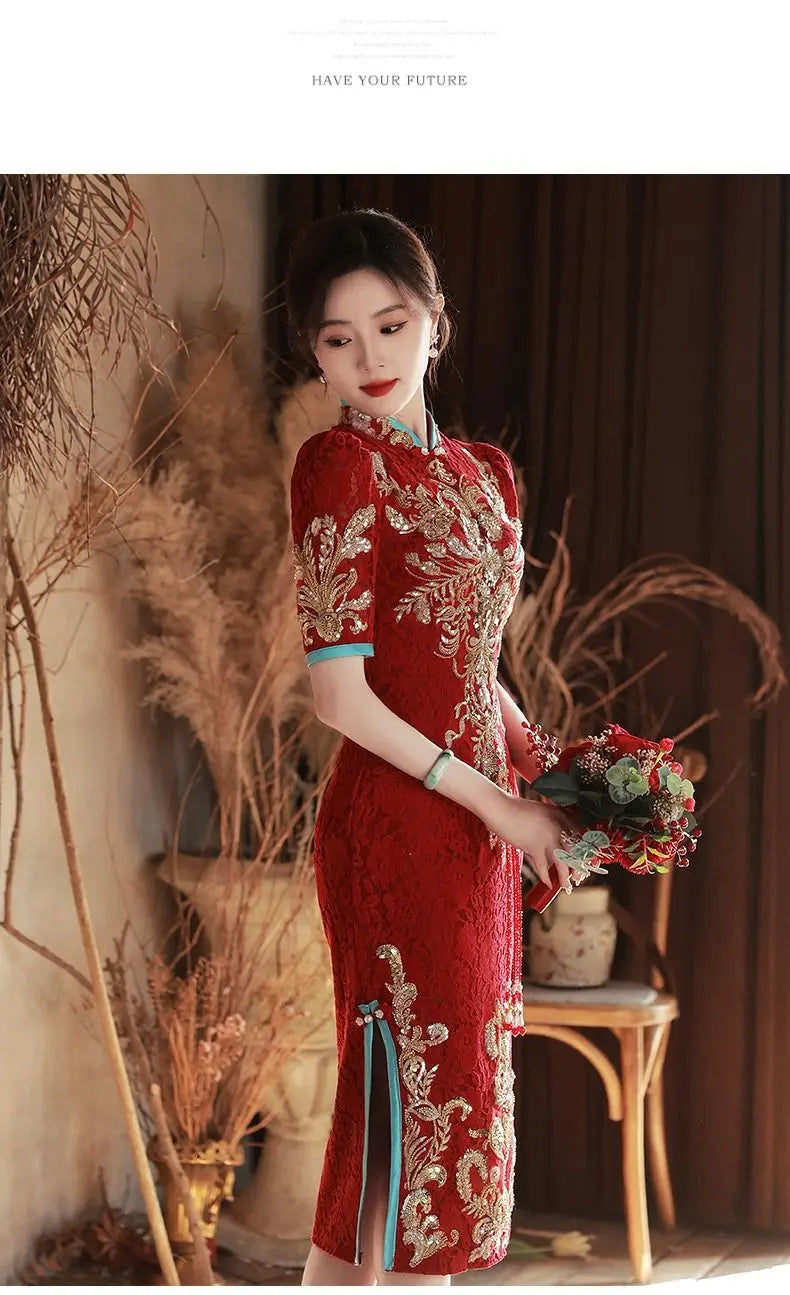 Toast Bride Wedding Dress Luxury Sequin Qipao Long Chinese Women Traditional Vintage Cheongsam Dresses Evening Gown China - Seprincess