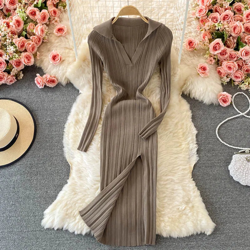 Women Korean Knitted Dress Long Sleeve V Neck Elastic Slim Pencil Dresses 2024 Autumn Sexy Bodycon Split Sweater Dress