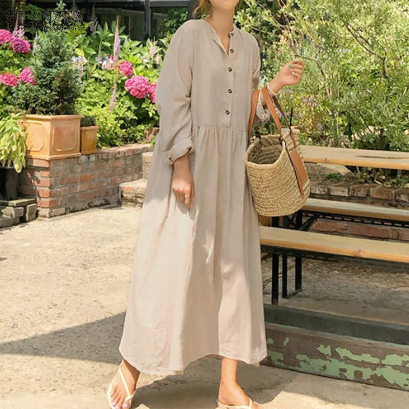 Women's Elegant Solid Cotton Robe Femme 2022 Spring Autumn Bohemian Maxi Dress ZANZEA Casual Long Sleeve Shirt Dresses Oversized - Seprincess