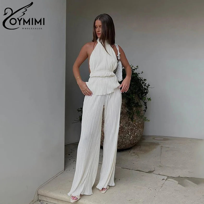 Oymimi Sexy White Pleated 2 Piece Sets Women Outfit 2023 Fashion Sleeveless Backless Tank Top With High Waist Wide Pants Set - Seprincess