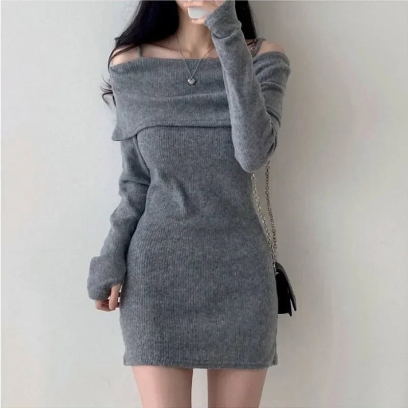 Off Shoulder Suspender Lapel Knit Dress Women Korean Sexy Slim Bottomed Mini Dresses Autumn Winter Solid Suspender Sweater Dress - Seprincess