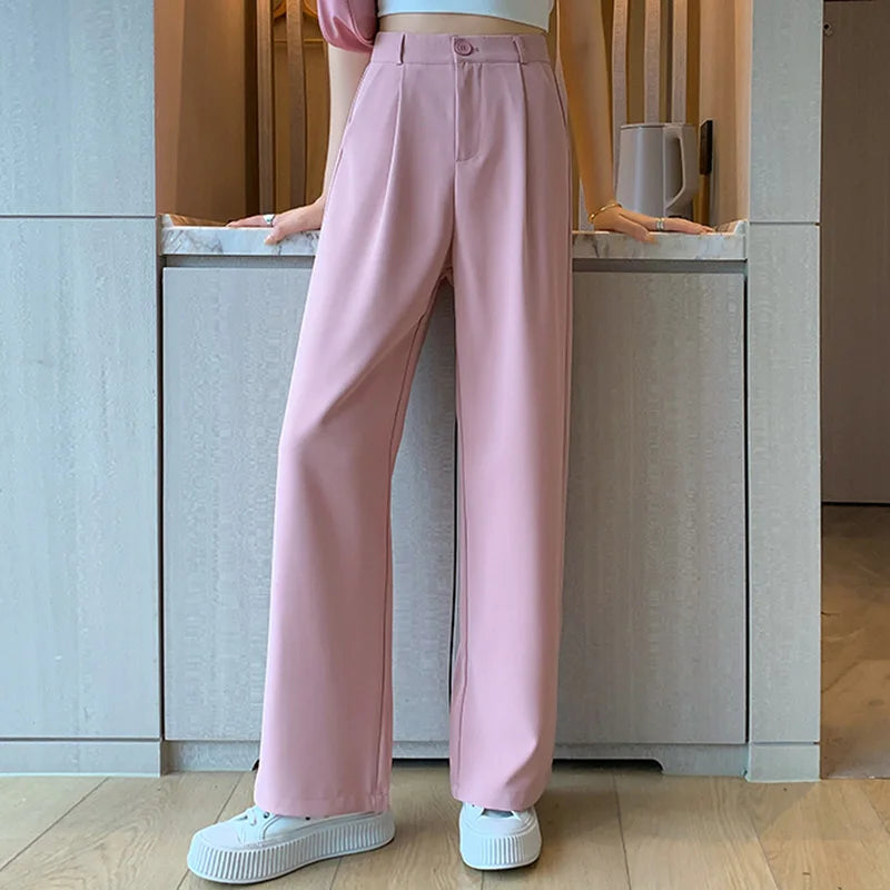 Women Summer Concise Office Daily Pants Lady Comfortable Baggy Wide Leg Straight Leg Trousers Female Casual High Waisted Slacks