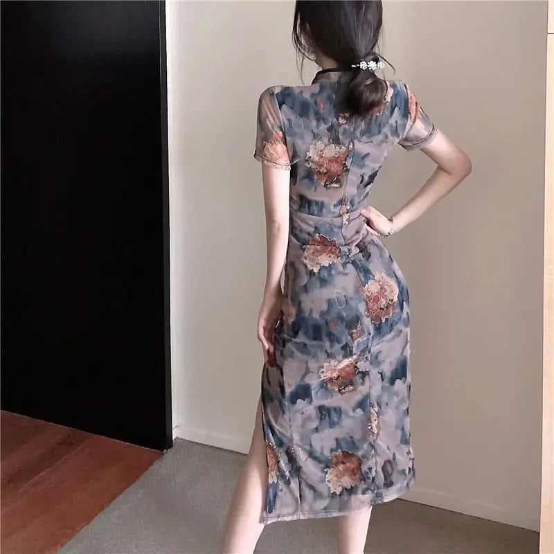 Retro Fenghua Color Imperial Sister Cheongsam Goddess Style Improved Qipao Women's Summer Slim Fit Show Body Slit Bag Dress - Seprincess