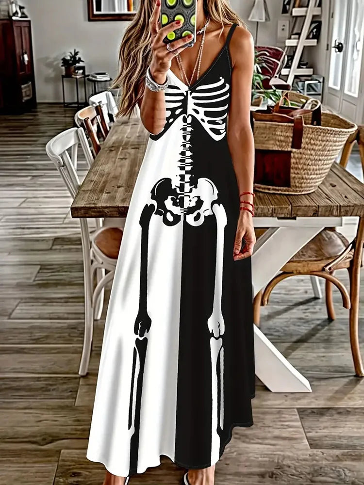 Halloween Horror Pumpkin Atmosphere Print Sexy Strap V-Neck Dress Summer Festival Party Sleeveless Dinner Long Evening Dress - Seprincess