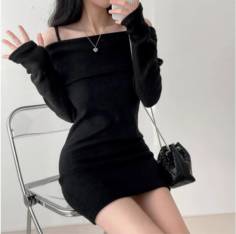 Y2K Women Knitted Mini Dress Korean Sexy Off Shoulder Female Dress Spring New Spaghetti Strap Long Sleeve Ladies Vestidos - Seprincess