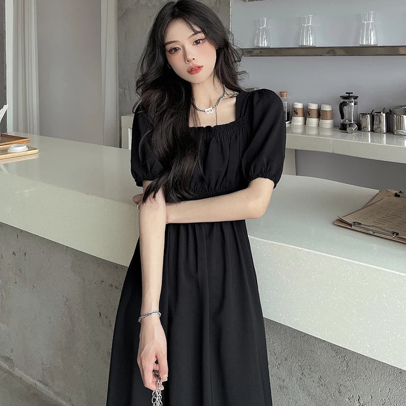 Women Black Folds Elegant Long Dress Retro Loose Sweet Square Collar Female Dress Spring Autumn All Match Casual Ladies Vestidos - Seprincess