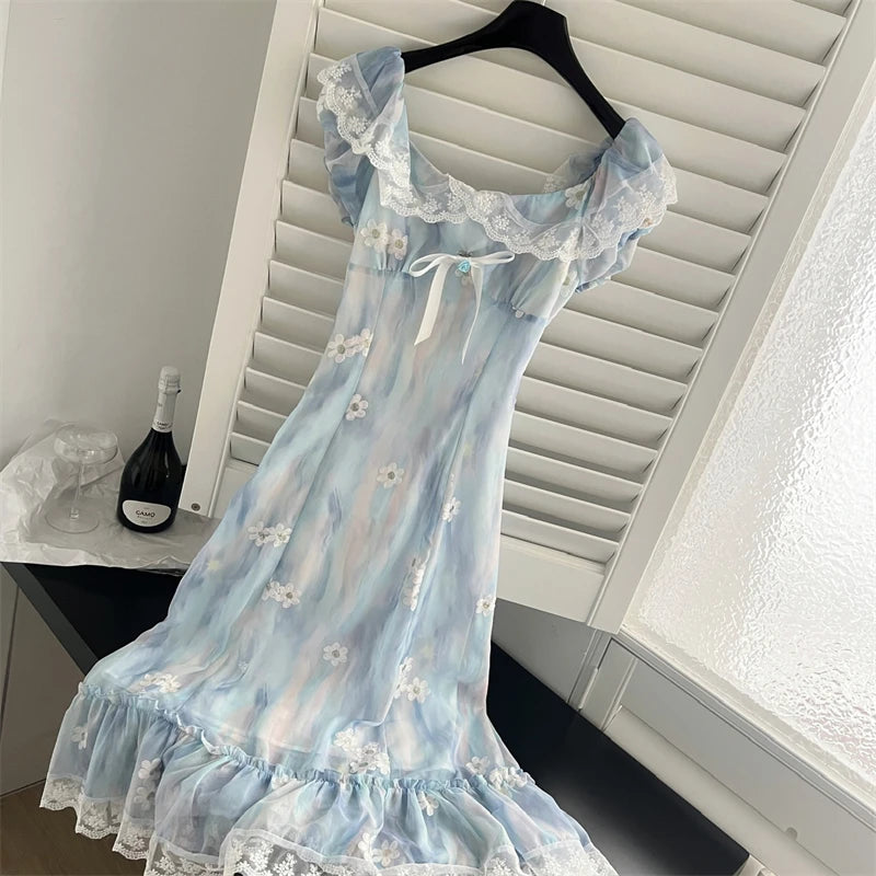 Women Blue A-line Lace Bow Dress Vintage Elegant Sleeveless Kawaii Flower Print Dresses Y2k One Piece Frocks 2000s Clothes 2024 - Seprincess