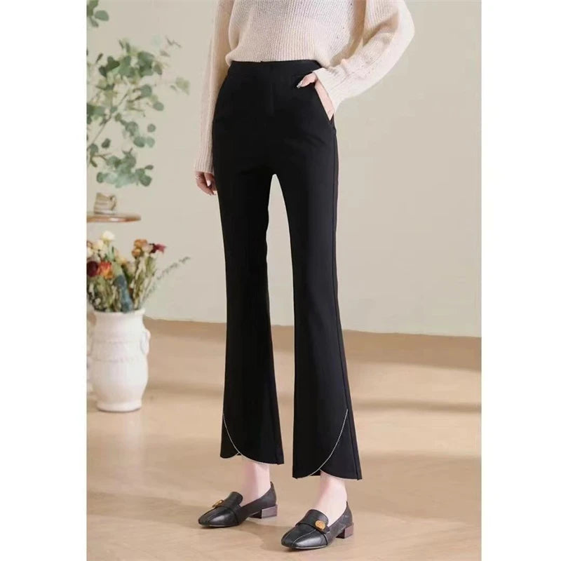 Women Korean Fashion Elegant Chic Flare Pants Autumn Winter Female Black High Waist Plush Thick Trousers Slim Pockets Pantalones