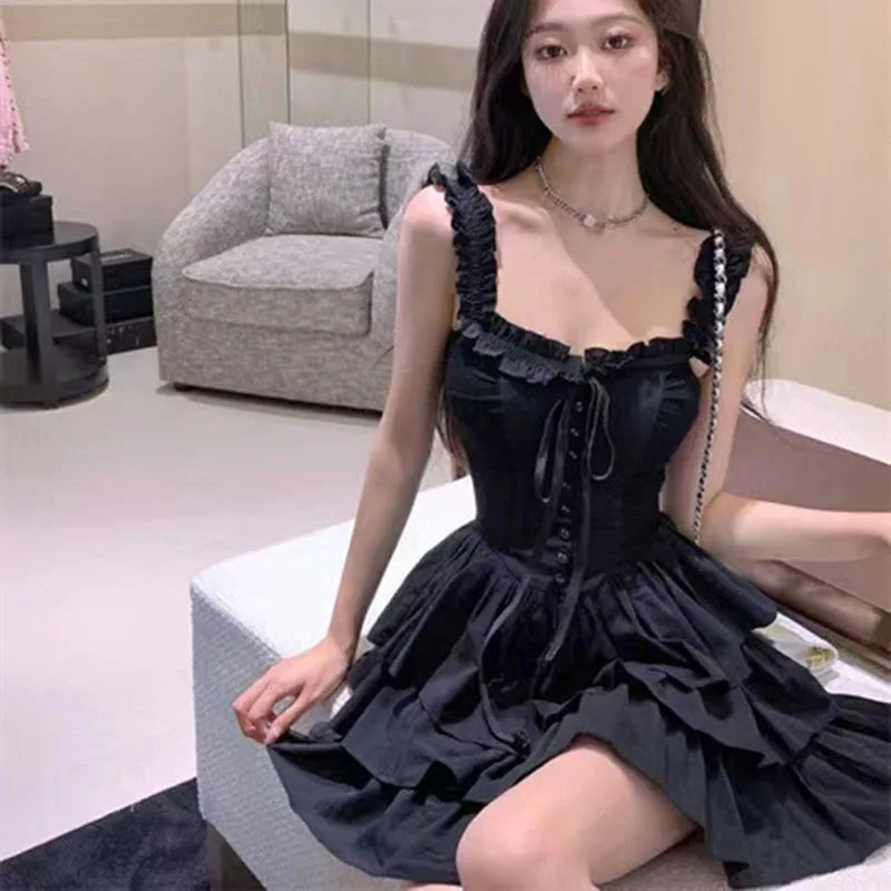 Gothic Black Sexy Slip Dress Y2K Harajuku Streetwear Punk Lace Up Cake Dress Female Summer Korean Fashion Party Ruffles Dresses - Seprincess