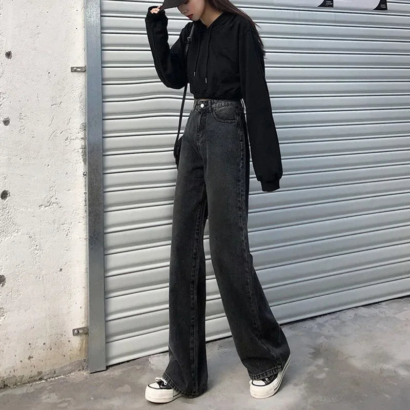 Petite Straight-Leg Jeans Women's Vintage High-Waisted Loose-Fit Bell Bottoms Autumn Season New Style Taller Legging Pants