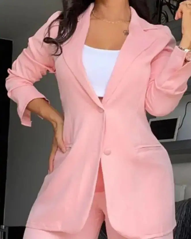 Two Piece Set Women Outfit 2023 Autumn Fashion Notched Collar Long Sleeve Blazer Coat & Elegant Pocket Design Work Pants Set - Seprincess