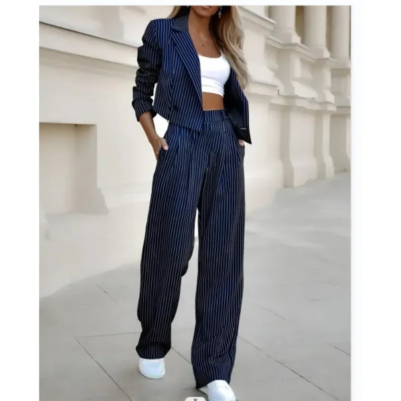 Mandylandy Casual Striped Suits Women Outfits Summer Short Style Lapel Suit Trousers Stripe Blazer Coats Straight-Leg Pants Suit - Seprincess