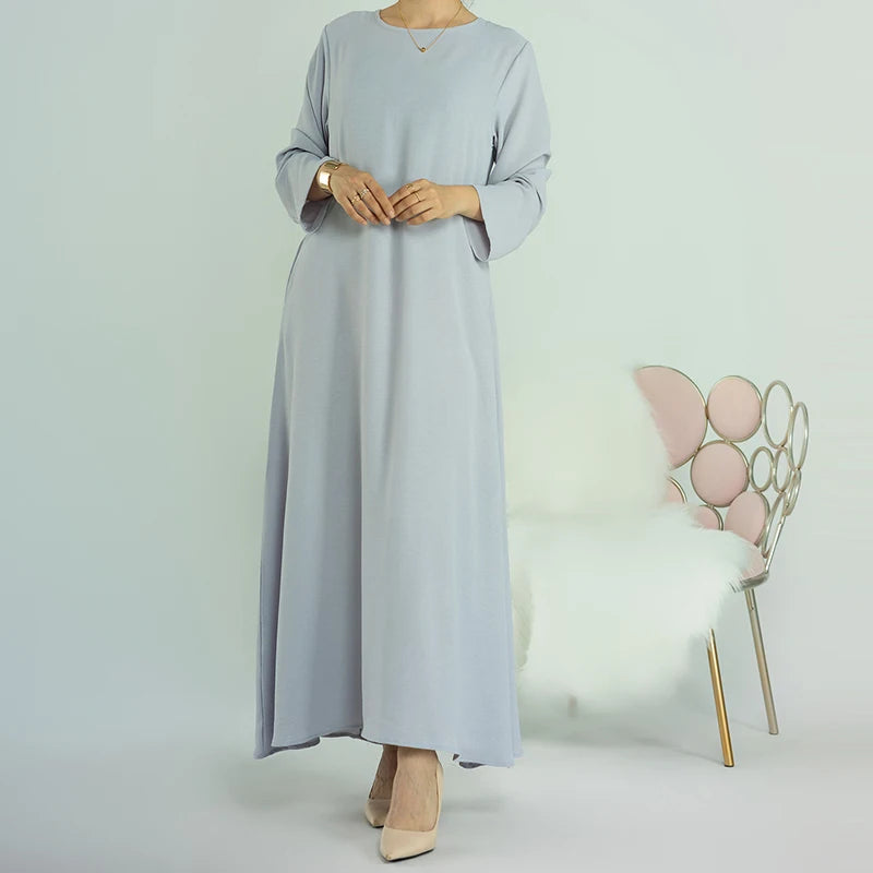 New Abaya Under Dress Long Sleeve With Pockets High Quality Jazz Crepe EID Muslim Women Basic Solid Modest Maxi Islamic Clothing