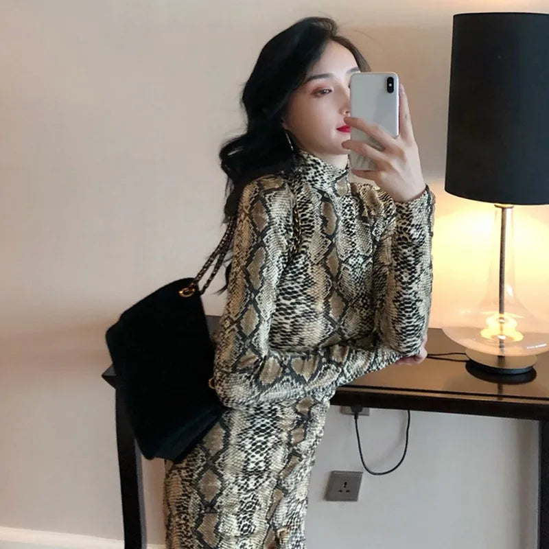 Fashion Vintage Snake Print Dress Turtleneck Sexy Long Sleeve Tight Dress For Women - Seprincess