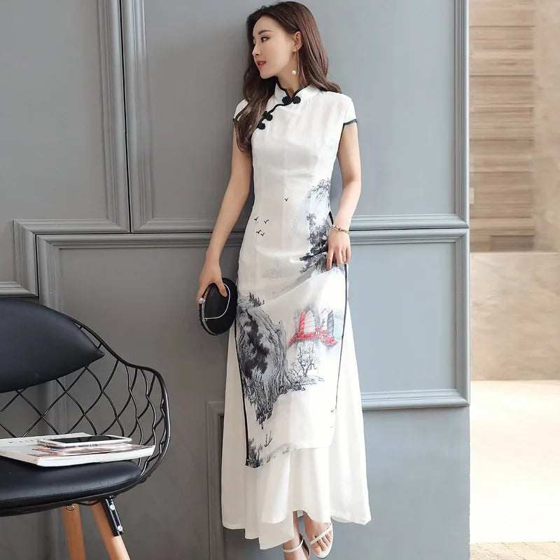 Women Chinese Traditional Hanfu Landscape Painting Cheongsam White Dance Dress Qipao Chiffon Robe Vintage Chinese Style Dresses - Seprincess