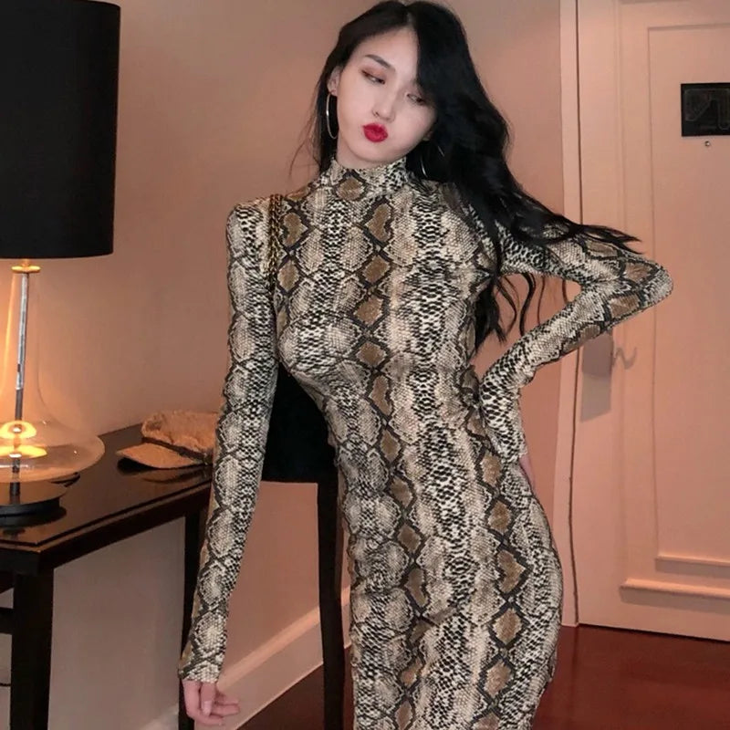 Fashion Vintage Snake Print Dress Turtleneck Sexy Long Sleeve Tight Dress For Women - Seprincess