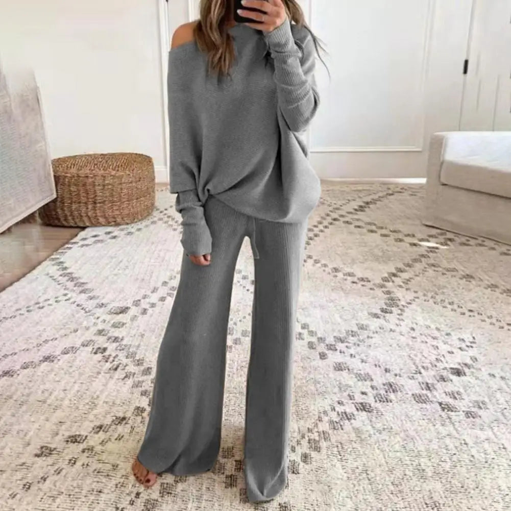 1 Set Pullover Pants Women Outfit Solid Color Drawstring Autumn Winter Slanted Neck Sweatshirt Sweatpants Two-Piece Set - Seprincess