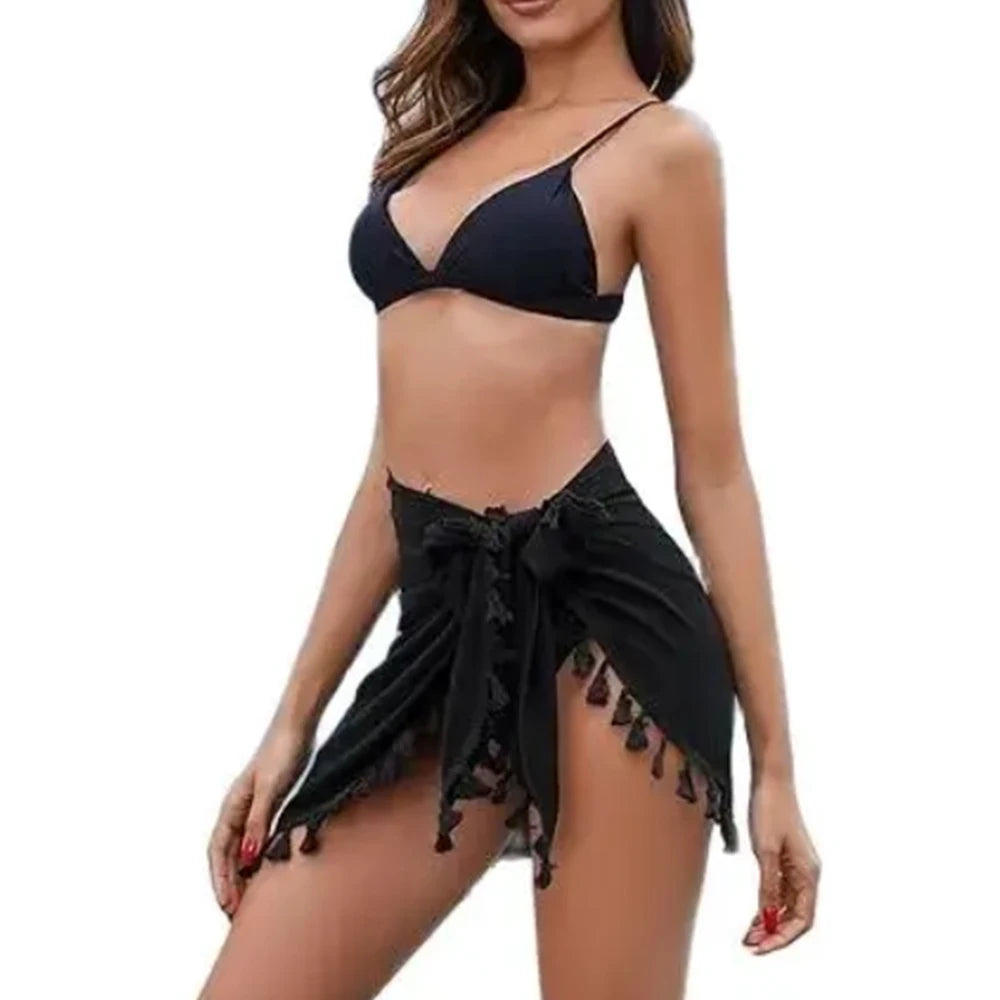 2024 Women's Sarong Coverups Sexy Short Bathing Suit Chiffon Wrap Skirt Beach Swimsuit Cover Ups with Tassels Swimwear - Seprincess