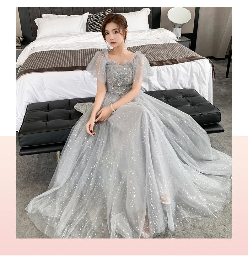 Grey Bridesmaid Dresses Elegant Women Applique Off The Shoulder Floor Length Tulle Wedding Party Dress Formal Prom Gowns - Seprincess