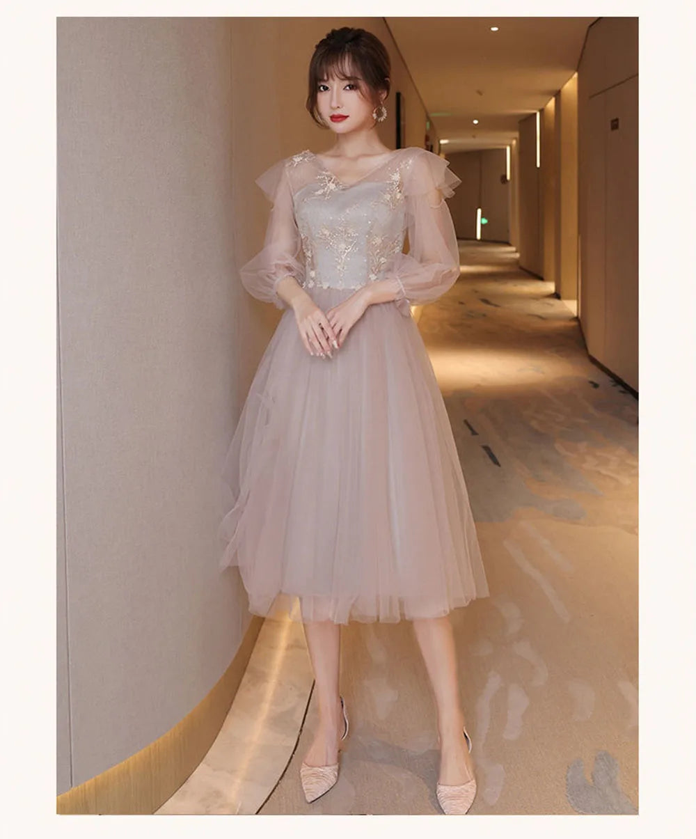 4 Styles Elegant Simple Bridesmaid Dress Women's Tulle Half Sleeves Slim Fit Design A-Line Dress Applique Wedding Party Vestido - Seprincess