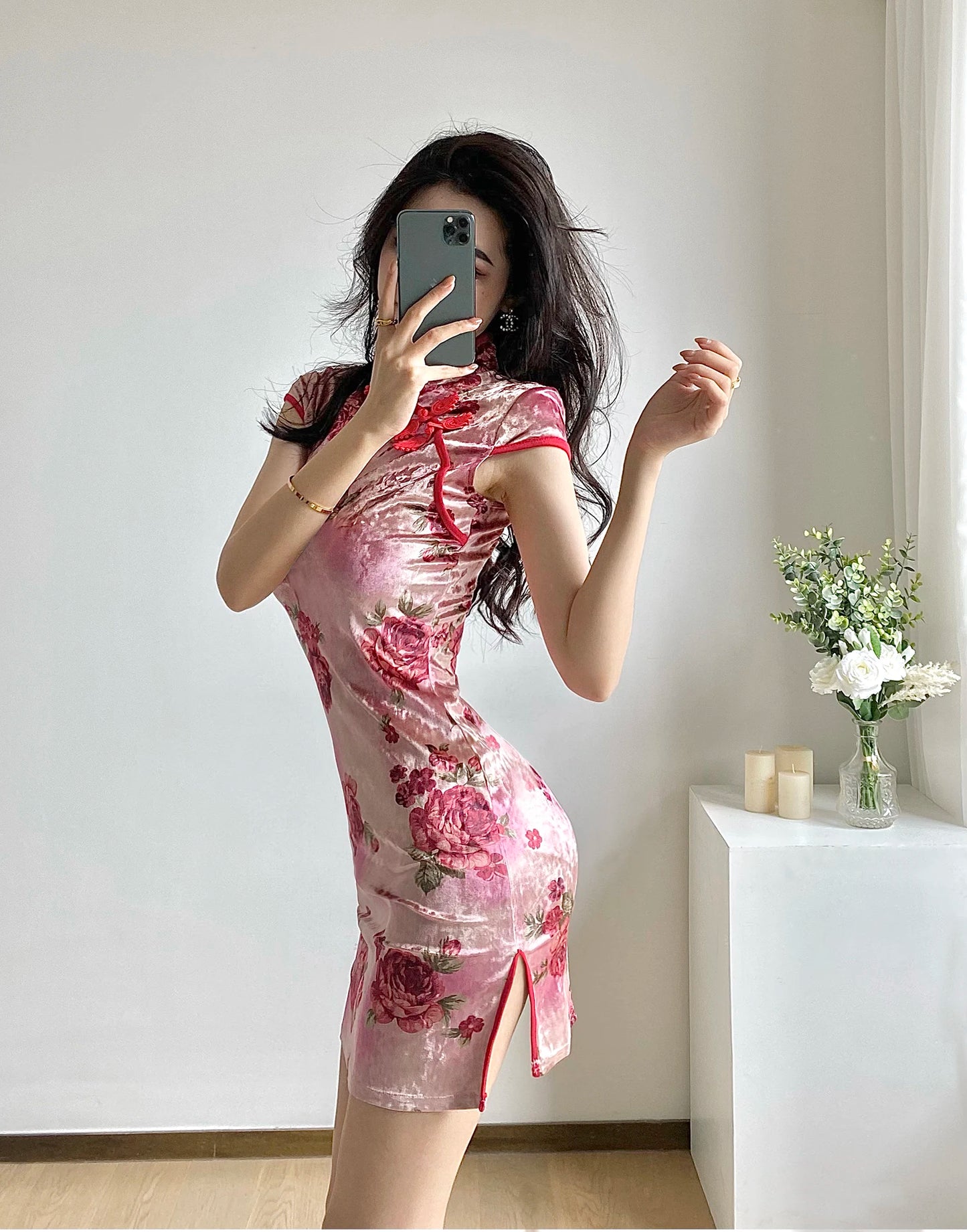 Chinese Dress Pink Sexy Qipao Dresses Cheongsam Dress Velvet Retro Printed Cheongsams Mini Qipao China Dress Robe Chinoise - Seprincess